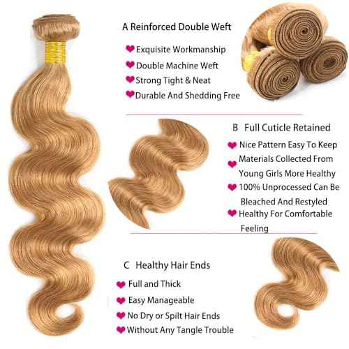 27# Blonde Human Hair Bundles 24 26 28 Inch Honey Blonde Bundle 27 Color Body Wave Bundles Human Hair Unprocessed Brazilian Virgin Quick Weave Hair for Black Women