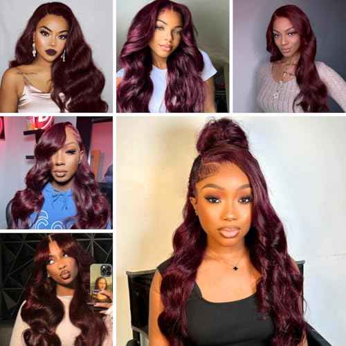 ALHER 12A Dark Burgundy Lace Frontal Wig 180% Density, 99J Wine Red Colored Ear to Ear 13x4 Frontal Wig Pre Plucked With Baby Hair, 100% Virgin Remy Human Hair Purple Wig for Black Women 22 IN