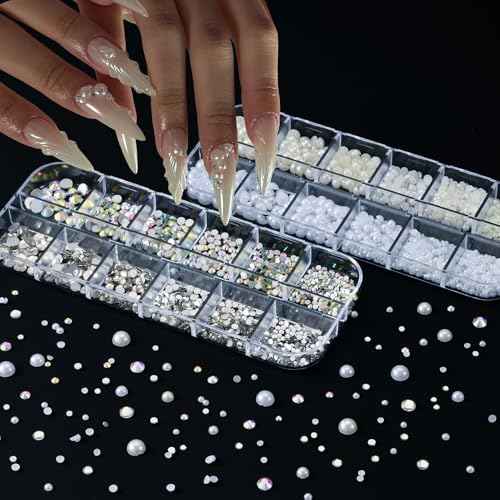 8 Boxes 3D Nail Charms and Gems Bulk Cute Charms for Nails Design kit Bling Crystals Rhinestones Colorful Flower Pearls Star Bows Accessories