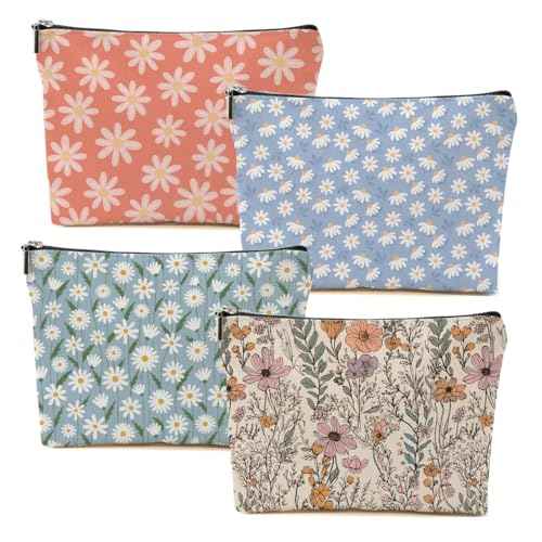 4pcs Secret Santa Gifts Vintage Floral Makeup Bag, Daisy Flower Cosmetic Bag Garden Gifts for Women Female Girls Sister BFF Nature Lover, Travel Zipper Pouch Christmas Thanksgiving Birthday Gifts