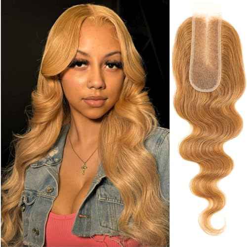 ALHER Color #27 Honey Blonde Long Deep Part 2x6 Lace Closure 16 Inch, Warm Brown Golden Blonde 2x6 Kim K HD Lace Closure Middle Part Pre Plucked With Baby Hair, 12A 100% Virgin Remy Human Hair Closure