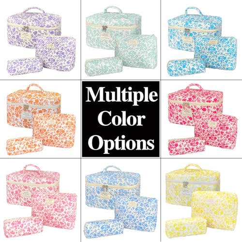Pink Large Quilted Floral Makeup Bag Set of 3 Cute Coquette Aesthetic Cosmetic Bag Set Travel Toiletry Bag for Women