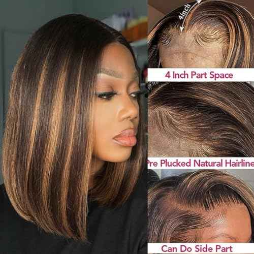Stylish Highlight Bob Wig 1b30 Human Hair 13x4 Frontal Lace Preplucked Colored Bob Wigs Transparent Lace Short Style Bobbing Wig (13X4 1b30 BOB, 16 INCH)