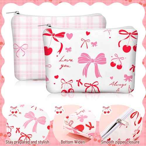 Kacctyen 18 Pcs Pink Cherry Bow Coquette Makeup Bag Cute Bow Canvas Cosmetic Bag for Women Girl with Zipper Aesthetic Travel Stuff Small Pouch for Birthday Party Favor