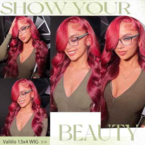 30 Inch Burgundy Body Wave Human Hair Wig 13x4 Lace Front Wigs Human Hair Pre Plucked 99j Burgundy Wig Human Hair with Free Part 180% Density Glueless Colored Wig for Women