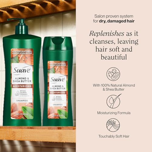 Suave Almond Shea Butter Moisturizing Shampoo 2-Size Bundle, Clarifies & Replenishes Dry, Damaged Hair