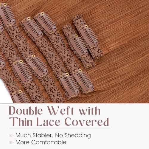 Elailite Clip in Hair Extensions Real Human Hair, Remy Hairpieces for Women, 7PCS Lace Weft Full Head, 20 Inch 120g Dark Auburn Copper Red