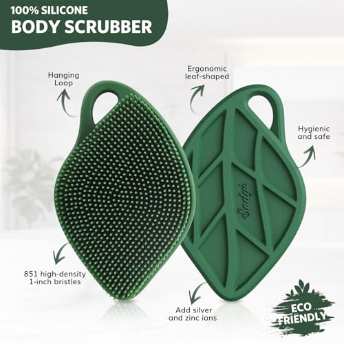 Sndyi Christmas Silicone Body Scrubber, Limited Edition Leaf-Shaped Shower Brush for Gentle Cleanse & Exfoliation, Soft Silicone Loofah Body Brush for Sensitive Skin, Perfect Holiday Gift, Evergreen