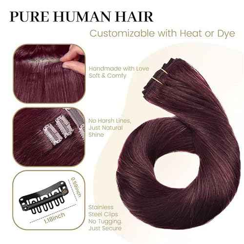 Jiameisi Clip in Hair Extensions Real Human Hair, 20inch Remy Human Hair Extensions Double Weft 120g 8pcs, Burgundy Straight Clip ins for Women, Ideal for Daily, Party, Wedding Looks #99J Burgundy Red