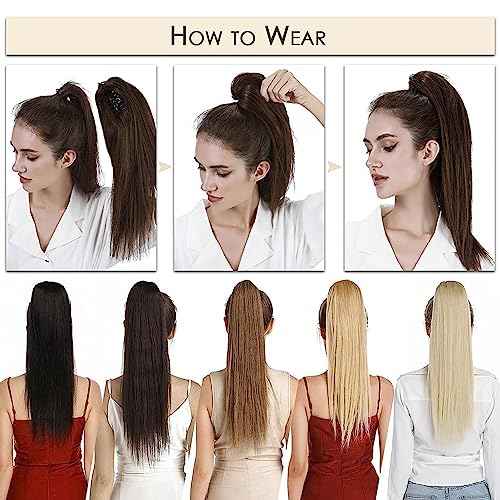 MY-LADY Ponytail Extension Human Hair Claw Clip in Ponytail Hair Extension Straight Pony Tail Hair Extensions Real Human Hair for Women Ash Blonde & Bleach Blonde 18 Inch 115g