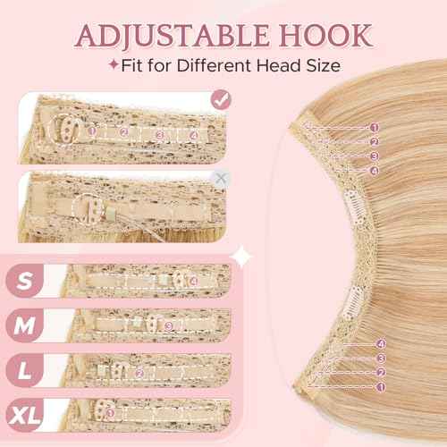 SEGO Invisible Wire Hair Extensions, Real Human Halo Hair Adjustable Wire Extensions, 2 Clips for Women Transparent Fish Line Extensions, Add Length, 20 inches, Gold Blonde Mixed Bleach Blonde, 70g