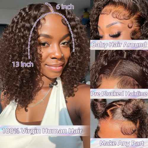 Curly Bob Wig Human Hair Deep Wave 13x6 HD Lace Front Wigs For Black Women Human Hair Pre Plucked Wear And Go Glueless Short Wet And Wavy Chocolate Brown #4 14 Inch
