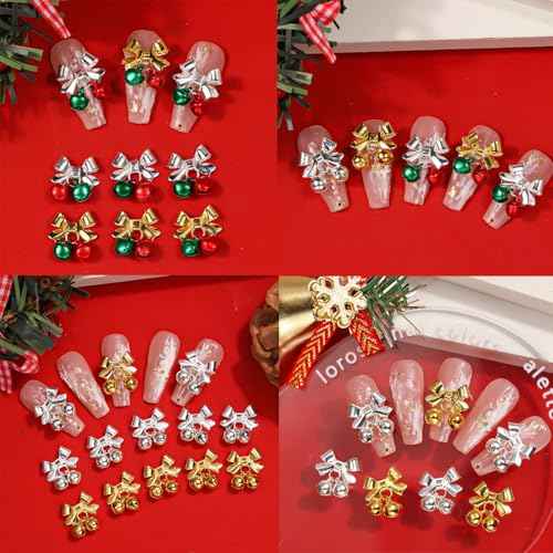 40Pcs Christmas Bell Nail Charms Gold Silver Bell Xmas Nail Charms for Acrylic Nails Red Green Alloy Bell Nail Gems and Charms Nail Jewelry for Women DIY Manicure Accessories