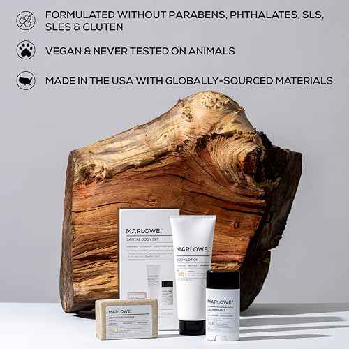 MARLOWE. Men's Grooming Santal Body Set, Features No. 102 Scrub Soap Bar, No. 024 Deodorant & No. 002 Body Lotion, Warm Amber, Sandalwood & Citron Scent