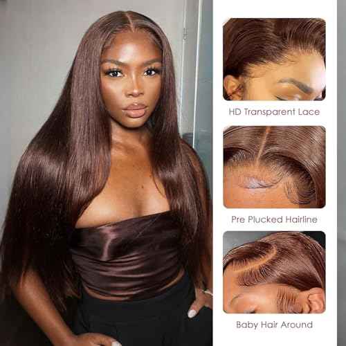 Chocolate Brown(#4) Straight Wig Human Hair, 13x6 HD Lace Front Wigs Human Hair, Glueless & Pre Plucked Human Hair Wig with Baby Hair, 180% Density Ash Blonde Wig (20inch)