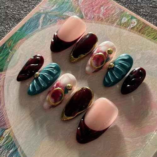 Fall Press On Nails - Handmade GEL Medium Length Almond Fake Nails, Brown Rendering Painting Design, Reusable Artificial Almond False Nails for Women 10 Pcs Acrylic Nails Kit (Size S)
