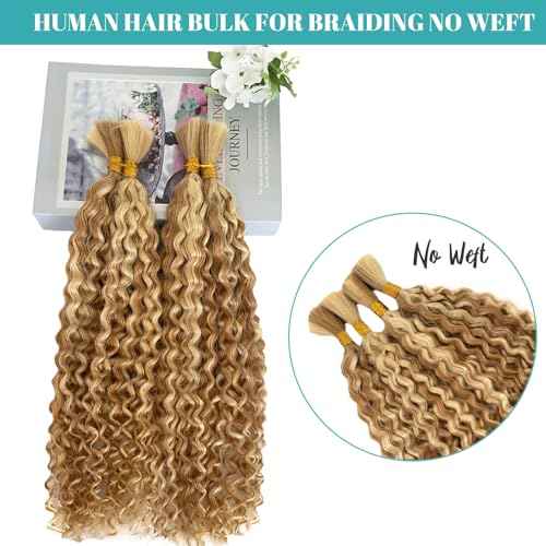 Ombre Blonde Water Wave Human Braiding Hair Highlights Colored Curly Braiding Human Hair No Weft Bulk Hair for Knotless Bohemian Box Braids Wet and Wavy Braiding Hair 100 Grams 22in