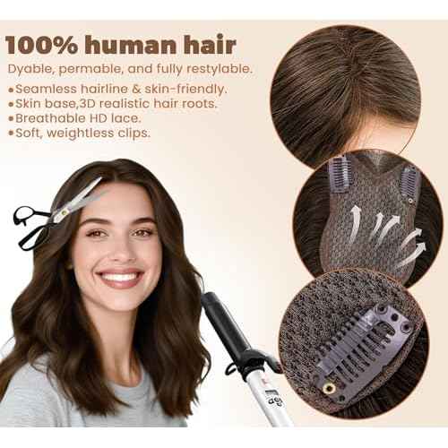 8x11cm Breathable Hair Topper, 12 inches 35g 120% Density Real Human Hair, 3 Non-Slip BB Clips, Wearable on Left, Right & Middle Part, Versatile Styling for Hair Loss & Volume Boost (Brown)