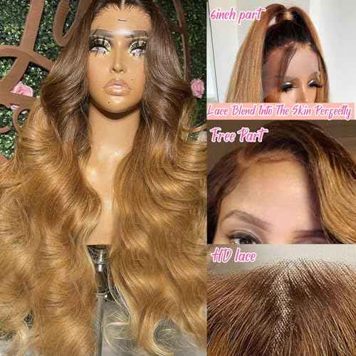Highlight 13x6 HD Transparent Lace Front Wigs Human Hair Ombre P4/27 Colored Honey Blonde Frontal Wigs 150% Density Balayage Body Wave Human Hair Lace Frontal wig Pre Plucked with Baby Hair for Women