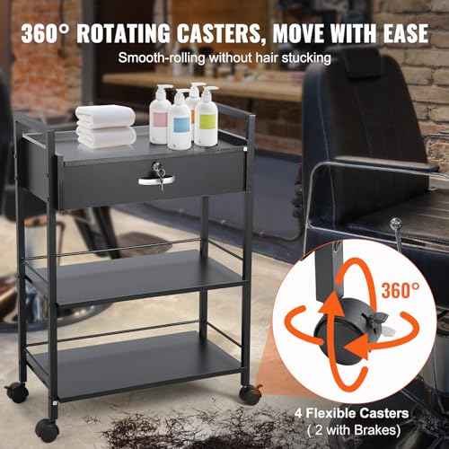 VEVOR Beauty Salon Trolley Cart, 3-Tier Hair Salon Stations Cabinet for Stylist with Lockable Drawer, MDF Rolling Storage Station with 4 Wheels (2 Lockable) for Beauty SPA Barbershop Tattoo