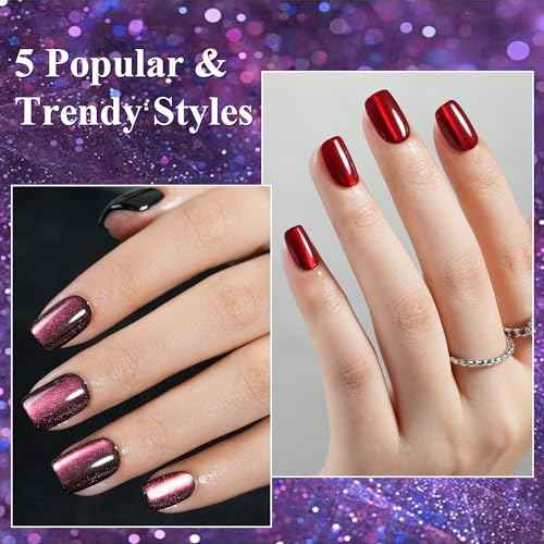 Cat Eye Press on Nails Short 5 Styles, Jofay Fashion 160Pcs Salon-Like Fake Nails with Glitter Chasing Light Cat Eye Designs, Christmas Artificial Acrylic Nails Glue on Nails Stick on Nails for Women