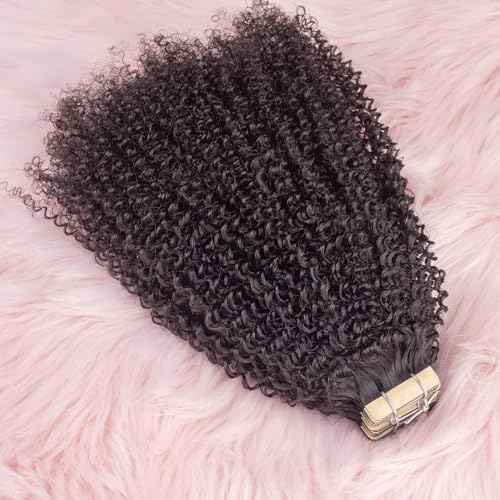 Invisible 4C Afro Kinky Curly Tape in Hair Extensions for Black Women Niawigs Black Color Real Human Hair Tape ins, 40PCS Double Sided PU Skin Weft 22 Inches