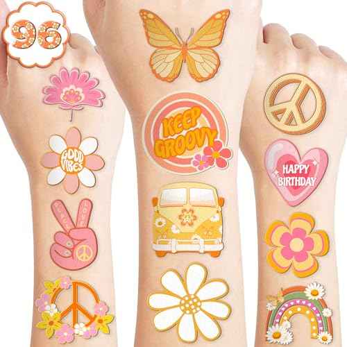 96 PCS Two Groovy Retro 60s 70s Pre-Cut Temporary Tattoos for Kids | Super Cute Themed Birthday Party Favors, Supplies, Decorations, Fake Tattoo Stickers (Multiple)