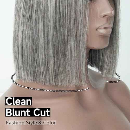Salt and Pepper Wigs for Women, Wigs Human Hair Glueless Wear and Go Pre Plucked Pre Cut 5x5 Grey Bob Wigs Human Hair 210% Density 12A Brazilian Virgin Hair Lace Front Closure Wig 12 Inch