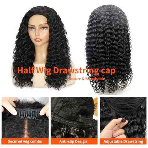 XSY Half Wig Human Hair Curly 16 Inch Deep Wave Half Wigs for Black Women 3 In 1 Drawstring Seamless Flip Wig Invisible Hairline Beginner Friendly 180% Density