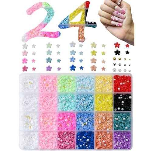 10000Pcs Flower Nail Charms Spring 3D Flowers for Nails with Caviar Beads and Flatback Pearls Cute Resin Nail Art Charms 24 Grids