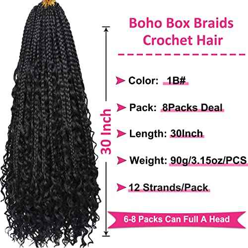 Unionbeauty 30 Inch Boho Box Braids Crochet Hair 8 Packs Boho Goddess Box Braids Crochet Hair for Black Woman Crochet Box Braids with Curly Ends Bohemian Hippie Crochet Braids Hair Extension 1B#