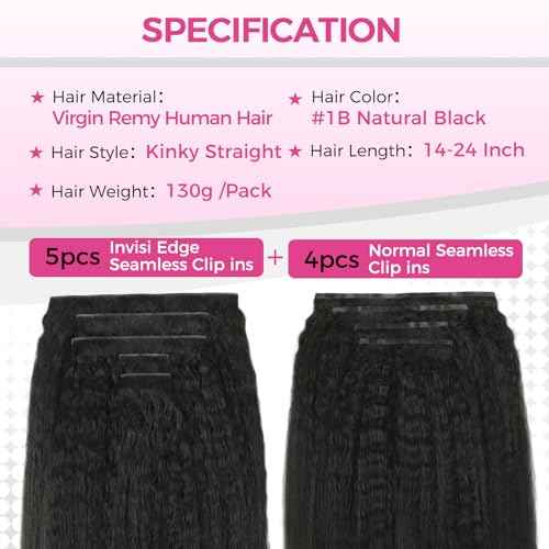 Lashey Invisi Edge & Seamless Clip in Hair Extensions Human Hair, 14 Inch 130g 9pcs(5pcs Invisi Edge& 4pcs Seamless) Real Virgin Human Hair Extensions, Natural Black Kinky Straight Hair