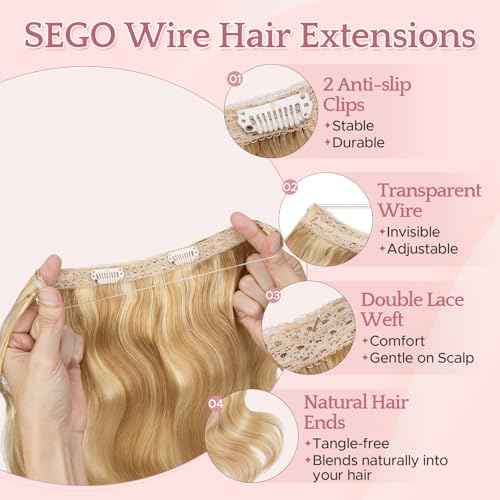 SEGO Halo Hair Extensions, Wavy Adjustable Invisible Wire Extensions, Real Human Hair, 2 Clips for Women Transparent Fish Line Extensions, Add Length Volume, 16 inches, Gold Blonde Mixed Bleach Blonde