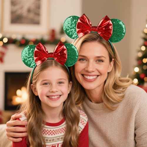 Christmas Mouse Ears Headbands for Women Red Bow Mouse ear Headband Sequin Green Hairbands Birthdays Party Hair Accessories