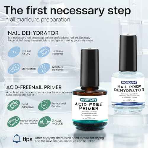 Morovan Nail Prep Dehydrator and Primer, Natural 4 PCS Dehydrator & Acid-Free Bond Primer for Acrylic Powder U V Extension Gel Nail Supplies Set