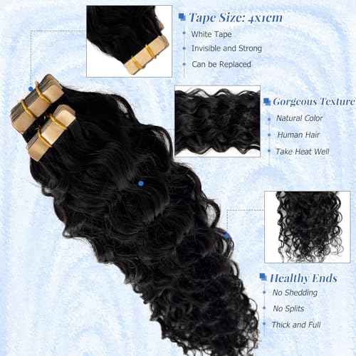 24 Inch Invisible Tape in Hair Extension Real Human Hair Curly Tape in Extensions 100G 40PCS Double Sided Bouncy Curly Water Wave Tape ins Human Hair Extension Black #1B Natural Color