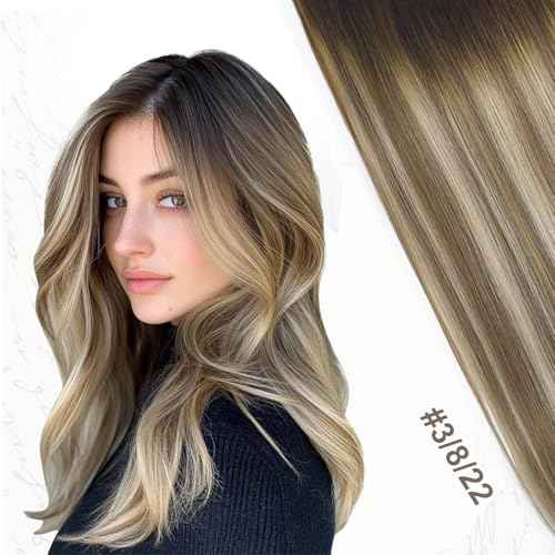 XDhair Clip in Hair Extensions Real Human Hair 120g 18 Inch Balayage Ombre Color 3 Walnut Brown to 8 Ash Brown and 22 Golden Blonde Double Weft Clip in Remy Hair Extensions(18, 3/8/22)