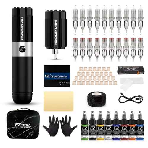 EZ Tattoo Kit - Tattoo Gun Kit Complete with Rotary Tattoo Machine Pen, Extra 1500mAh Battery Power Supply, 20Pcs Tattoo Needles and 8 Color Inks for Tattoo Beginners and Artists (Filter Fr Black)