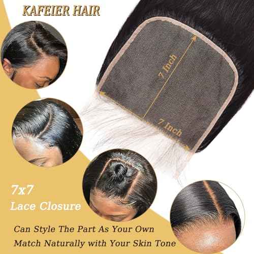 Real Human Hair 7x7 Closure Swiss Transparent Lace Straight Frontal Natural Black Color Free Part Pre Plucked with Baby Hair Bleached Knot Closures 22 Inch
