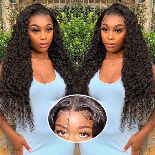 28 Inch Glueless Wigs Human Hair Pre Plucked Pre Cut Closure Wigs Human Hair 180% Density Deep Wave Curly Lace Front Wig with Baby Hair