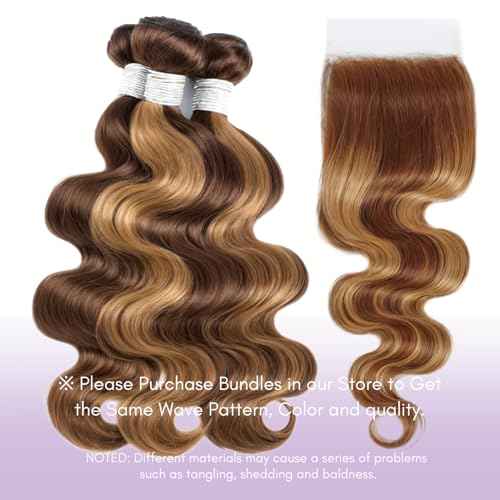 Honey Blonde Highlight Body Wave Closure Human Hair 12 inch, Ombre 4x4 Transparent Lace Closure Frontal Pre Plucked with Baby Hair Brazilian 12A Unprocessed Virgin Remy 4/27 Wavy Closure Sew In