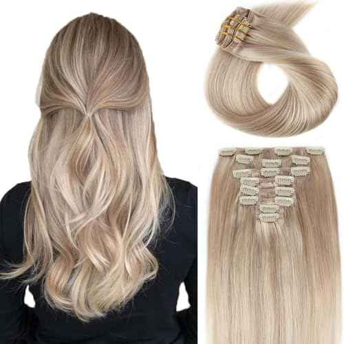 ABH AMAZINGBEAUTY HAIR Clip in Human Hair Extensions 20 Inch 8pcs/120g Ash Blonde Highlights Golden Blonde Real Hair Extensions Double Weft