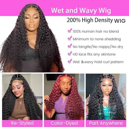 Water Wave Lace Front Wigs Human Hair Pre Plucked Bleached Knots Wet and Wavy 13x6 HD Lace Frontal Wigs for Black Women 200% Density Brazilian Remy Human Hair (Water Wave Wig, 24 Inch)