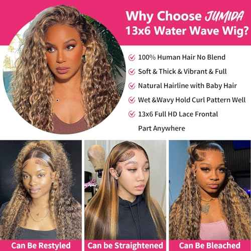Honey Blonde Ombre Highlight 13x6 Full Lace Frontal Wigs Human Hair 200 Density Water Wave 13x6 HD Transparent Lace Front Wigs Pre Plucked #4/27 Colored Human Hair Wig for Women 24 Inch