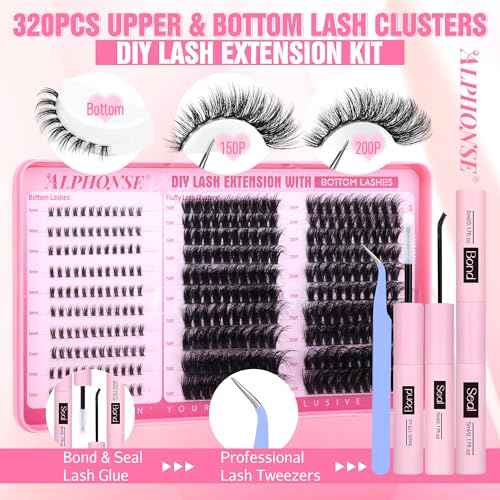 Fluffier Lash Clusters Kit with Bottom Lashes 320pcs Cluster Eyelash Extensions Kit Volume Individual Lashes Kit with Lash Bond and Seal Tweezers by ALPHONSE (150D+200D, 12-20mm)