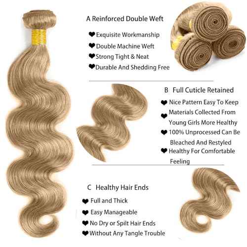 #22 Blonde Bundles Human Hair Body Wave Bundles 16 18 20 Inch Human Hair Weave 3 Bundle Unprocessed Brazilian Virgin Hair Ash Blonde Body Wave Human Hair Extensions 50 Grams/Bundle