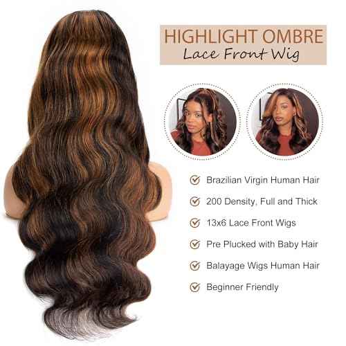 13x6 Highlight Body Wave Lace Front Wigs Human Hair Pre Plucked 200% Density FB/30 Ombre Frontal Wigs Human Hair HD Lace Wig Glueless Balayage Wigs for Black Women Human Hair Bleached Knots 24 Inch