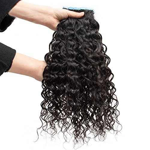 Curly Tape in Hair Extensions Human Hair for Women Water Wave Double Side Skin Weft Tape on 16 Inch Real Virgin Hair Deep Water Wave Invisible Seamless Hair Extensions 50g 20pcs