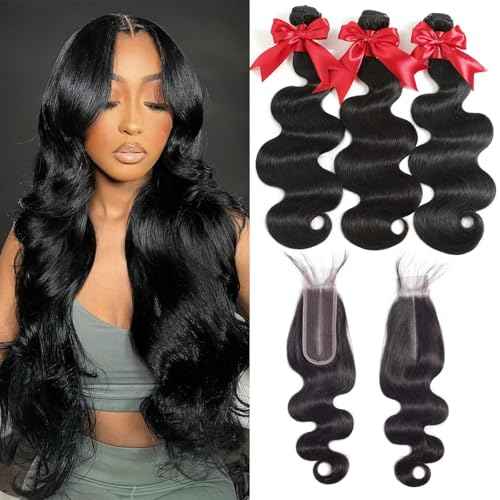 12A Human Hair Bundles with 2x6 Closure 16 18 20 with 14 Inch Brazilian Body Wave 3 Bundles Human Hair with 2x6 HD Lace Closure 100% Unprocessed Virgin Human Hair Weave