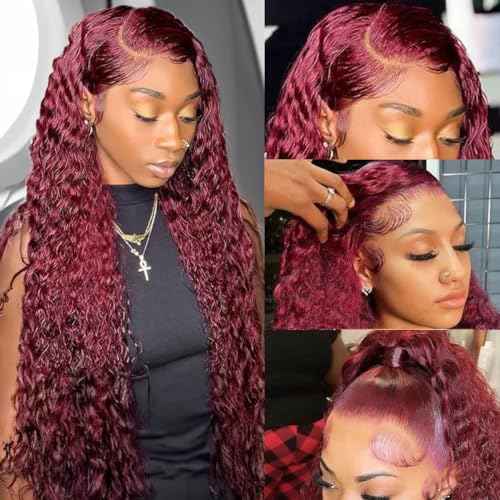 99J Burgundy Deep Wave Lace Front Wigs Human Hair 13x4 HD Lace Frontal Wigs Human Hair Lace Front Wigs Pre Plucked 99j Burgundy Deep Curly Wigs Human Hair Wigs For Women 180% Density 24 Inch